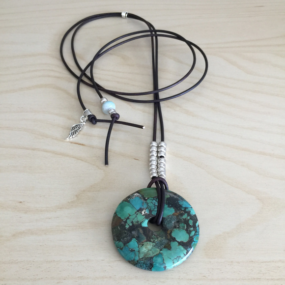 Artisan Jewelry - Handmade Chinese Turquoise Silver Leather Necklace